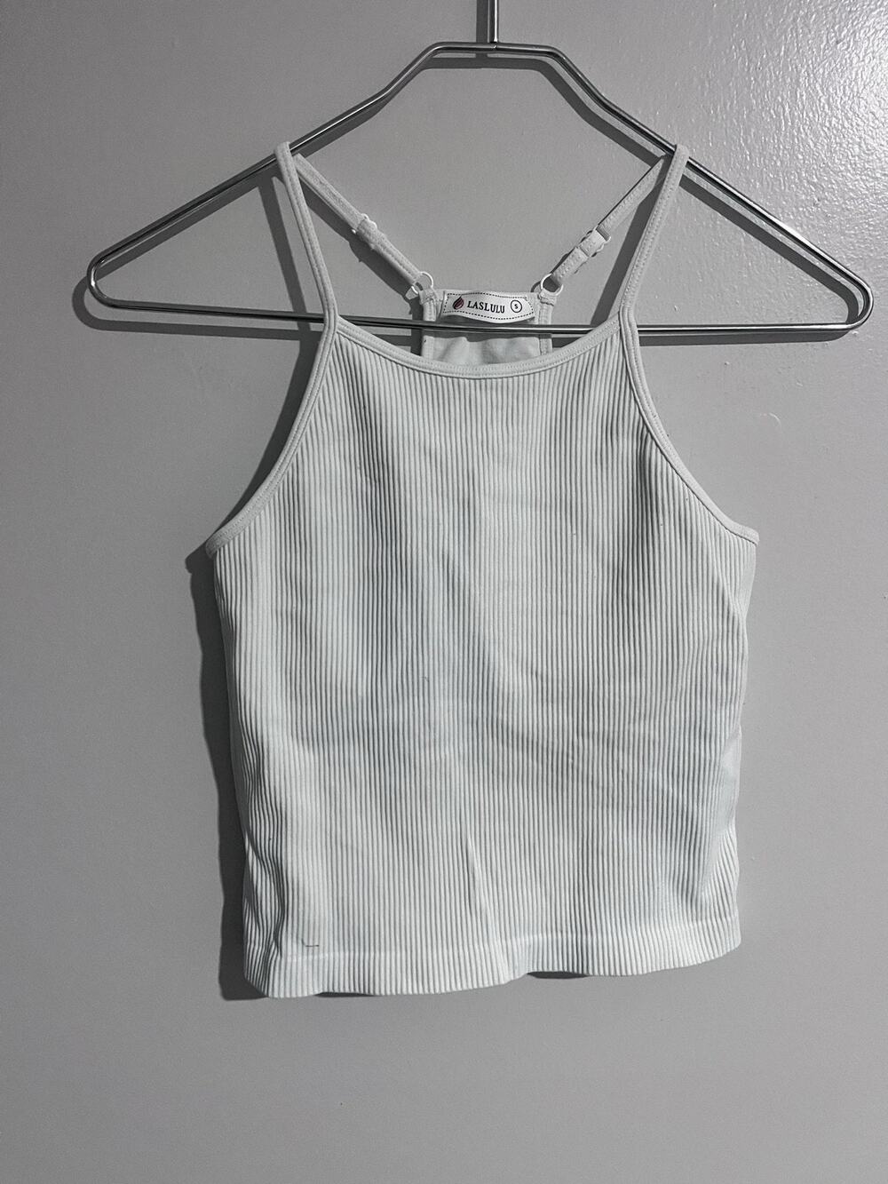 LASLULU Tank Womens S White Ribbed High Neck Adjustable Strap Slim Knit Summer